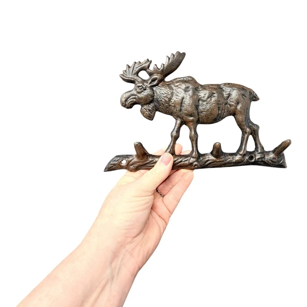 Cast Iron Bull Moose Three Hook Wall Rack Cabin Lodge Farmhouse Decor 9